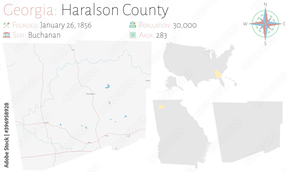 Large and detailed map of Haralson county in Georgia, USA.
