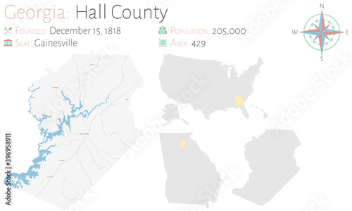 Large and detailed map of Hall county in Georgia, USA.
