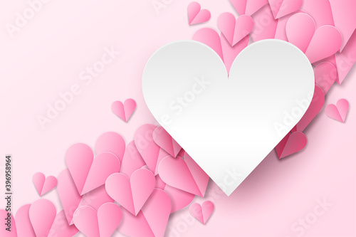 Happy Valentine's day background . Design with love heart on pink background, paper art style . Vector.