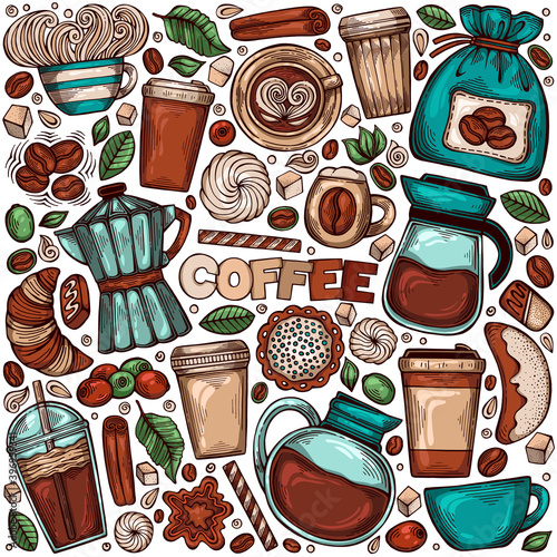 Hand drawn collection of coffee tools and utensils for brewing and serving. Isolated objects. Colorful set of objects and symbols on the theme of coffee time. Vector illustration
