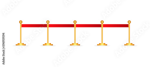 Realistic fence with red ropes on gold stanchions. Exclusive event. Vector illustration.