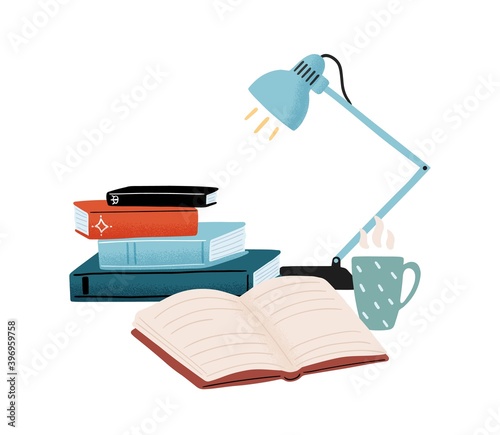 Composition with stack of books, table lamp and hot tea isolated on white background. Leisure, hobby or exam preparation with entertainment or educational textbooks. Vector flat cartoon illustration