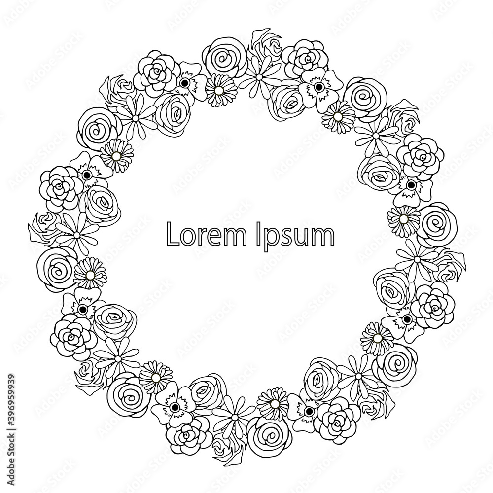 Flowers wreath round frame Lorem Ipsum hand drawn art design element for web, for print Flowers wreath round frame Lorem Ipsum hand drawn art design element for web, for print
