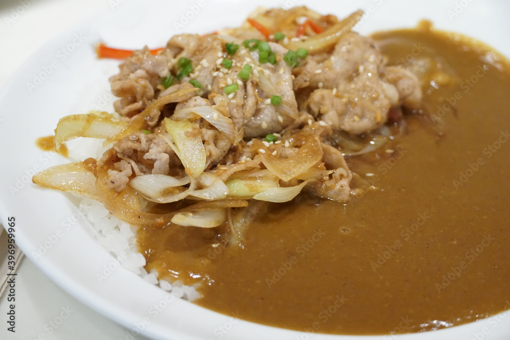 Slice pork curry on the white disk Japanese style Slice pork curry on the white disk Japanese style