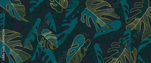 Gold tropical leaves background. Monstera leaf wallpaper design for wall arts, luxury cover design, prints and fabric. vector illustration. 