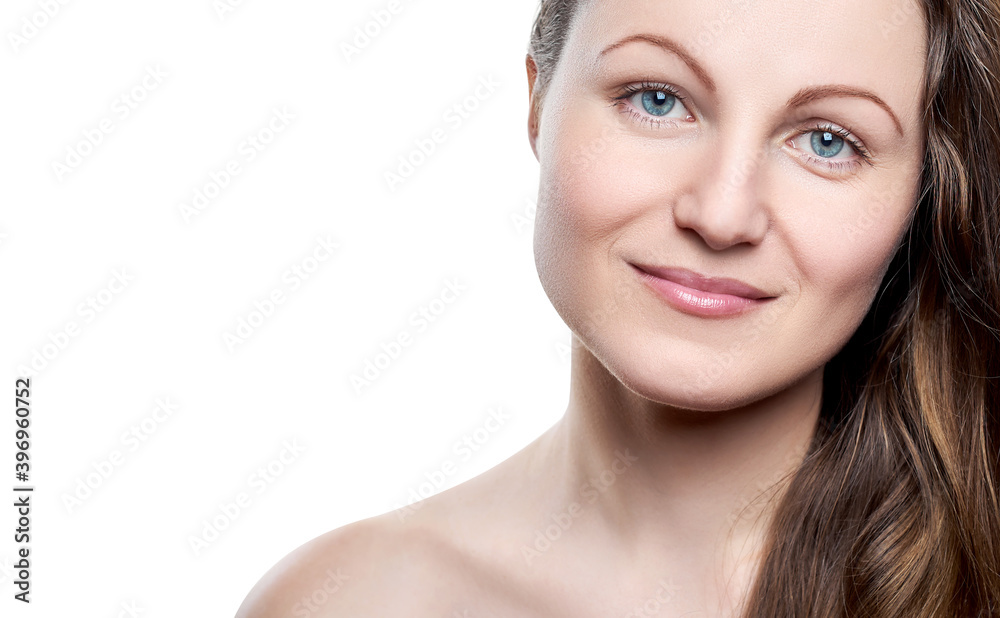 Portrait of pretty smiling woman with nude make up isolated on white background, copy space. Girl with clean healthy skin, beauty model. Portrait of pretty smiling woman with nude make up isolated on white background, copy space. Girl with clean healthy skin, beauty model.