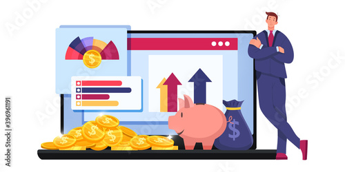 Finance audit tax report or risk analysis business vector concept with trader,laptop, graphs. Economic research or budget planning clipart with dollar coins, piggy bank, money bag.Finance audit design