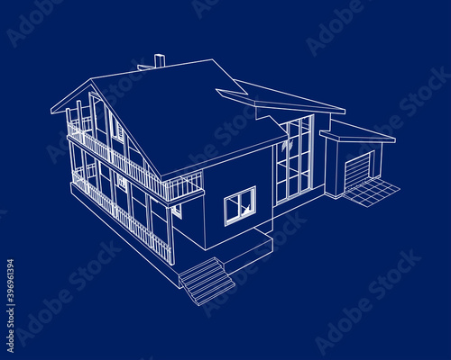Vector perspective of luxury modern house exterior. 3D  model of cottage. Top view. Vector blueprint.