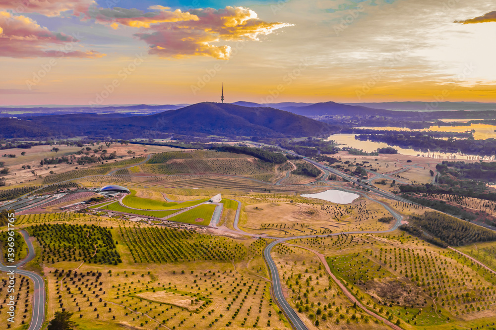 Aerial view of the national arboretum in Canberra, the Capital City of Australia in the early morning showing the Margaret Whitlam Pavilion and The Conservatory  