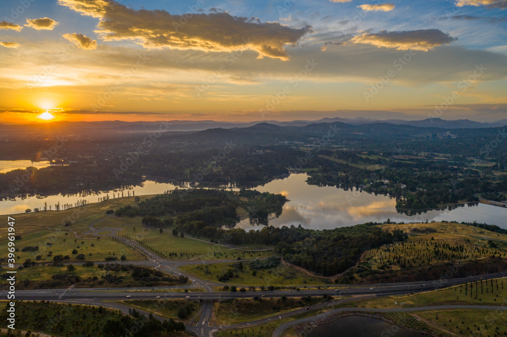 Aerial view of Molonglo River from the national arboretum in Canberra, the Capital City of Australia during an early morning sunrise 