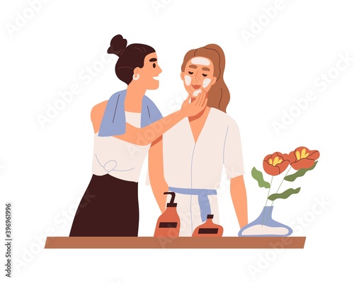 Lesbian couple standing in bathroom together. Cute morning beauty routine and skin care scene with young homosexual women. Flat vector cartoon illustration isolated on white background
