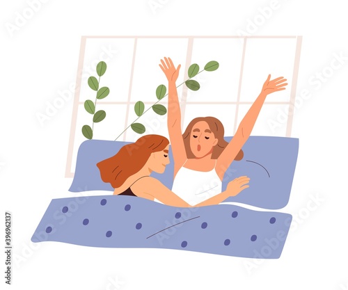 Cute homosexual couple of women in bed. Morning scene of girlfriends in bedroom. Lesbian characters wake up together. Romantic lgbt family. Flat vector cartoon illustration isolated on white