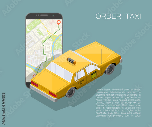 Yellow isometric taxi cab banner. Online mobile application order taxi service illustration. Flat car isometric quality banner. 3D taxi vehicle smartphone. Get a taxi online phone isometry application