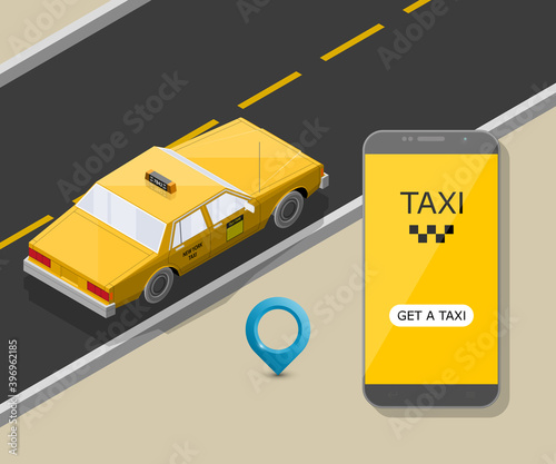 Yellow isometric taxi cab banner. Online mobile application order taxi service illustration. Flat car isometric quality banner. 3D taxi vehicle smartphone. Get a taxi online phone isometry application