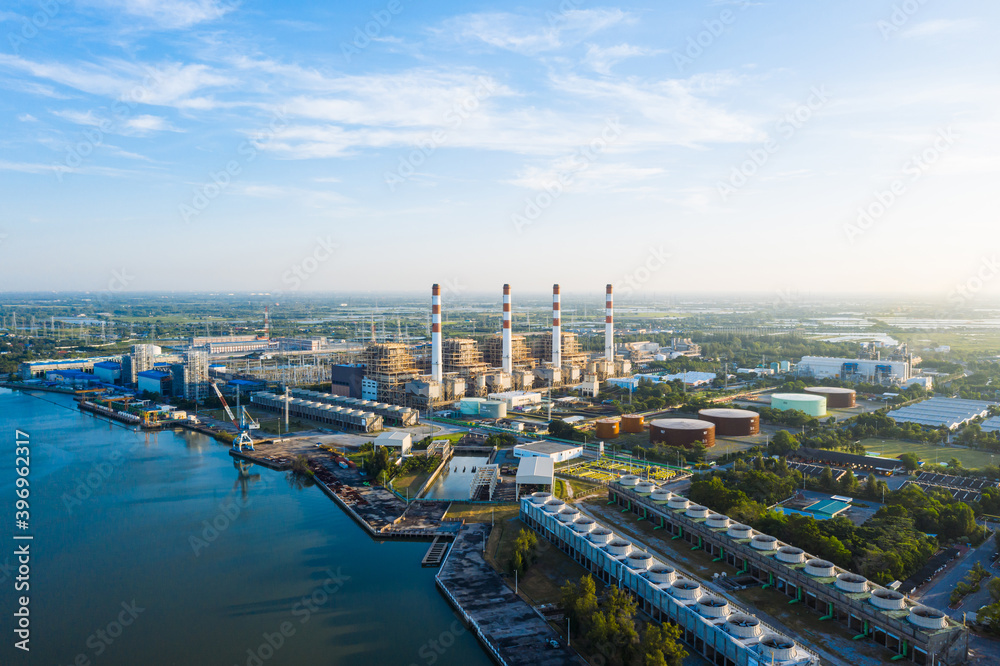 Aerial view morning time scene of  Bang Pakong power plant. gas power plant. Thermal power plants and fuel oil,