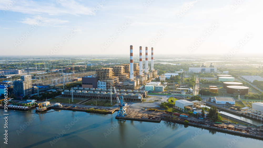 Obraz premium Aerial view morning time scene of Bang Pakong power plant. gas power plant. Thermal power plants and fuel oil,