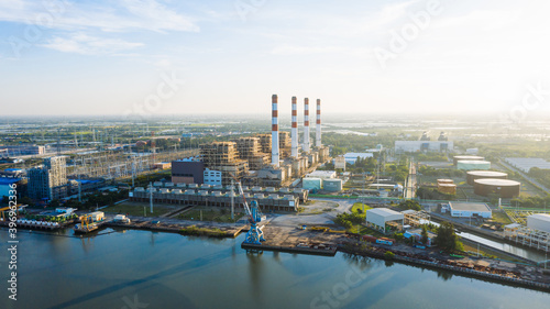 Aerial view morning time scene of Bang Pakong power plant. gas power plant. Thermal power plants and fuel oil,