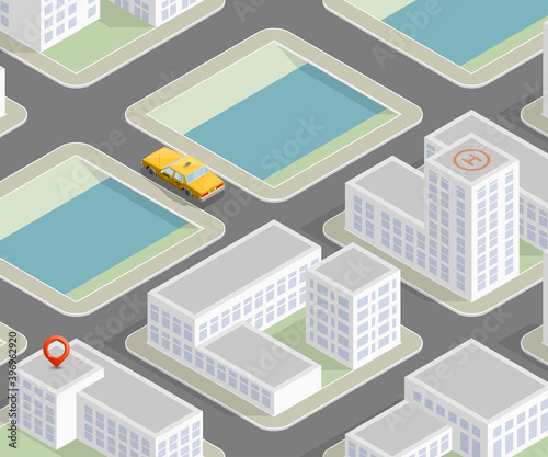 Flat isometric automobil city. Online navigation application auto service. Isometry car, flat isometric route town. 3D car classic vehicle itinerary road city. Get a motor online phone application
