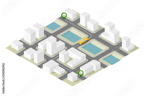 Yellow cab isometric city. Online navigation application order taxi service. Isometry car flat isometric route town. 3D taxi classic vehicle itinerary road city. Get a taxi online phone application