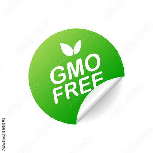 GMO free. Realistic green badge. Product advertising. Vector illustration.