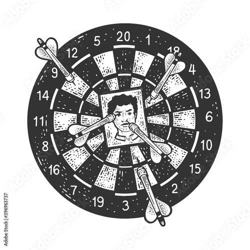 Darts with photo sketch engraving vector illustration. T-shirt apparel print design. Scratch board imitation. Black and white hand drawn image.