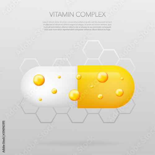 Vitamin complex with realistic pill on gray background. Particles of vitamins in the middle. Vector illustration.