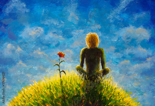 Canvas Print The Little Prince and the Rose on a planet in beautiful night sky