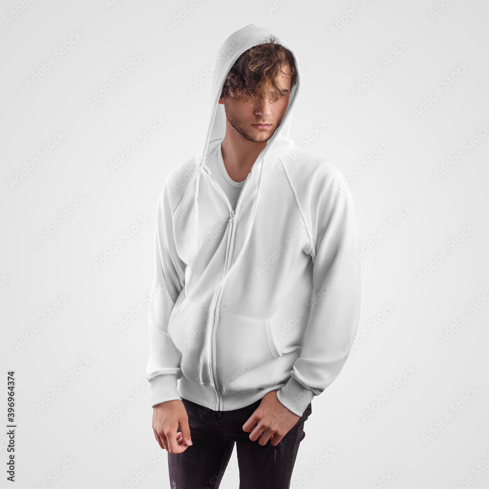 Template of a white casual hoodie with ties, pocket, zipper, on a guy in a hood, front view, for presentation of design, print. Template of a white casual hoodie with ties, pocket, zipper, on a guy in a hood, front view, for presentation of design, print.