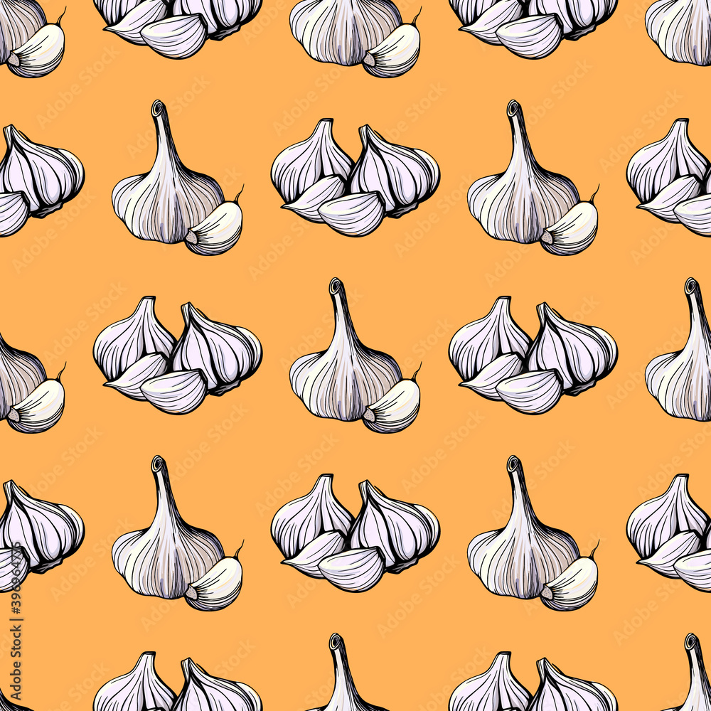 Garlic on a yellow background seamless pattern Garlic on a yellow background seamless pattern