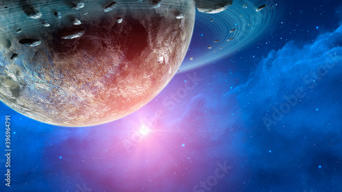 Wallpaper Mural Space background. Blue cloudy nebula with planet, asteroid and ring. Elements furnished by NASA. 3D rendering Torontodigital.ca