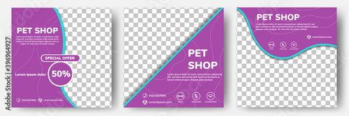 Set of editable square banner templates. Pet shop social media post template design with photo collage. Usable for social media post, story and web internet ads.