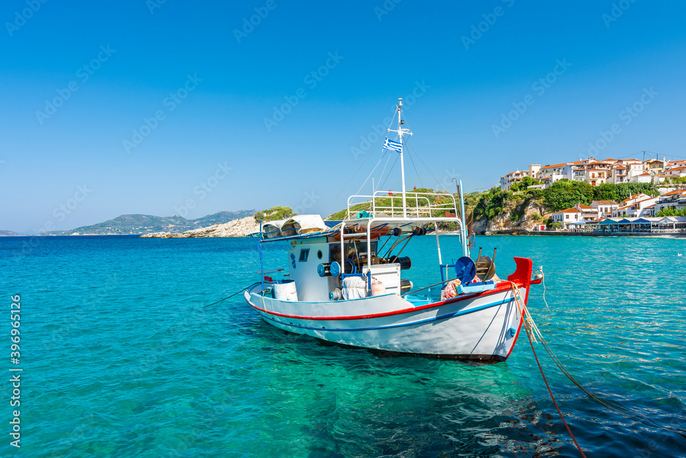 Kokkari Village coastal view in Samos Island of Greece.