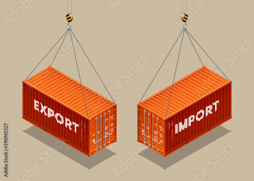 3D Isometric two 20 foot container delivery with EXPORT and IMPORT text. Large metal 20 ft containers for transportation shipping cargo. illustration