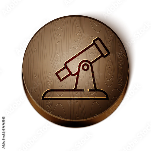 Brown line Telescope icon isolated on white background. Scientific tool. Education and astronomy element, spyglass and study stars. Wooden circle button. Vector.