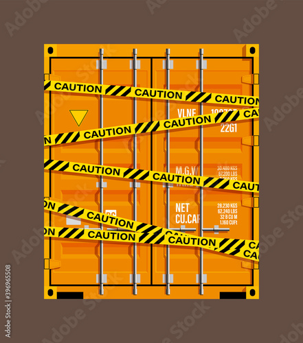 Flat side door view shipping cargo 20 foot container delivery yellow police tape enclosing. Large metal 20 ft containers for transportation. illustration
