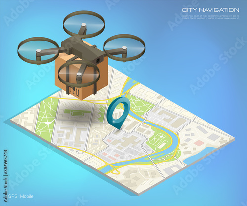 Drone delivery above the flat map concept 3d illustration. Quadcopter flying over a map and carrying a package to customer. 3d isometric icon