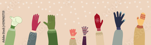 Hands in mittens on the background of falling snowflakes. Collection of individual vector illustrations of hands wearing gloves in winter. Winter set of elements for web design.