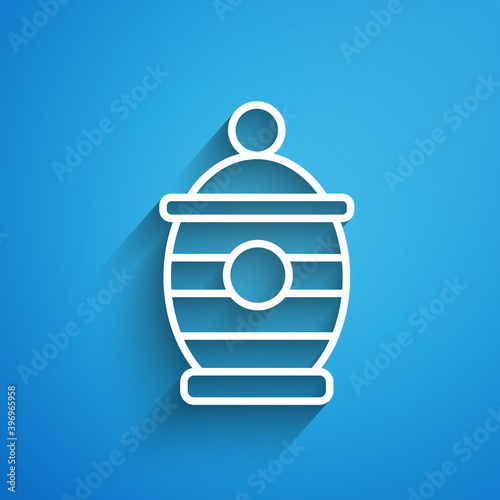 White line Funeral urn icon isolated on blue background. Cremation and burial containers, columbarium vases, jars and pots with ashes. Long shadow. Vector.