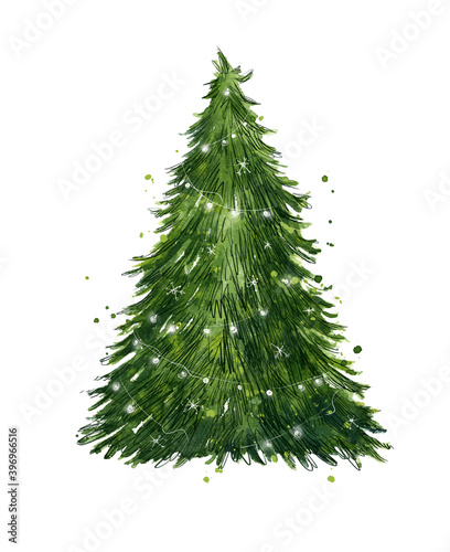 Decorated traditional Christmas tree watercolor illustration hand painted