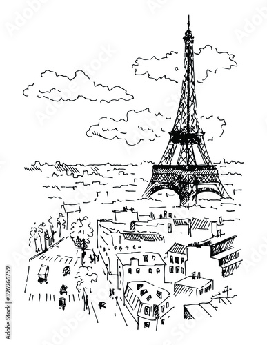 Hand drawn Eiffel tower and streets of Paris, France. Sketch, vector illustration.
