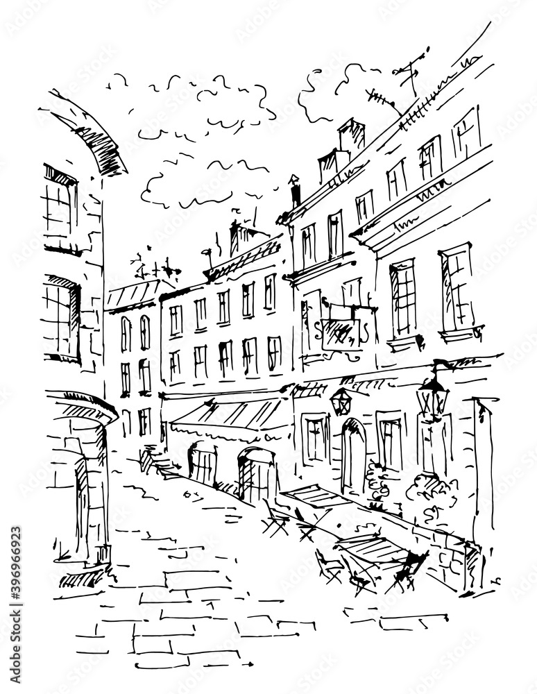 Hand drawn european street. Sketch, vector illustration.