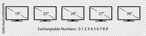 Screen Display Set Of Different Diagonal Sizes - Vector Illustrations Isolated On Transparent Background