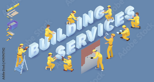 Team of Builders, people and words Building Services. Vector 3d
