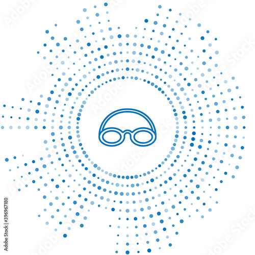 Blue line Glasses and cap for swimming icon isolated on white background. Swimming cap and goggles. Diving underwater equipment. Abstract circle random dots. Vector.