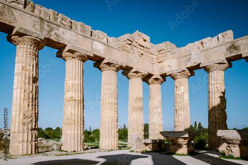 Greek temples at Selinunte, View on sea and ruins of greek columns in Selinunte Archaeological Park Sicily Italy photo