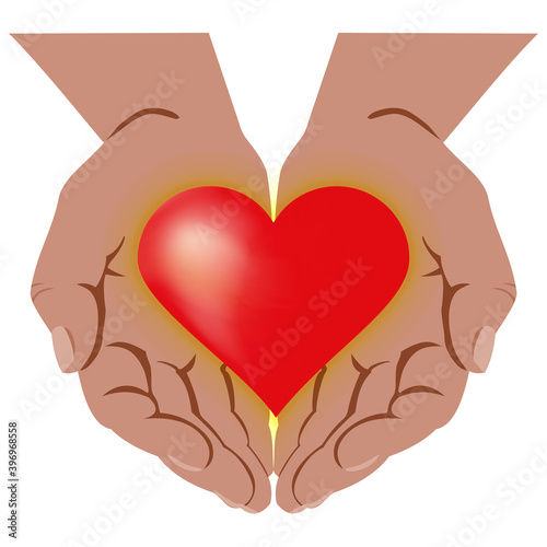 Human palms, opened to the viewer, holding a red heart shining with yellow light in the bosom of the hands. Concept: Openness and sensuality, giving love and kindness.