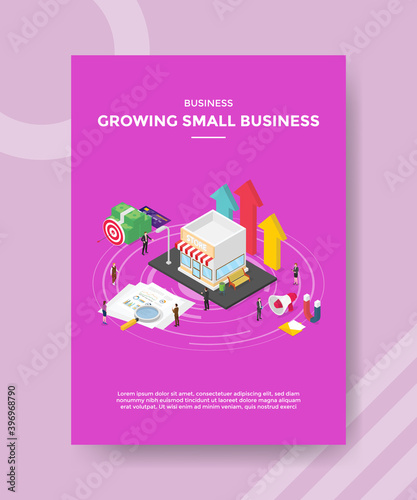 business growing small business people standing around store chart paper money for template flyer and print banner cover isometric 3d flat style