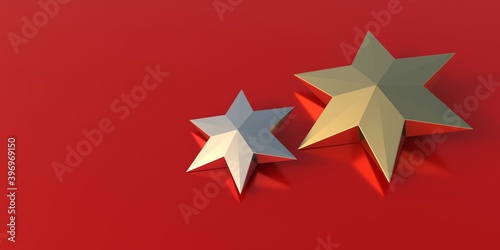 Gold and silver stars against red background. 3d illustration
