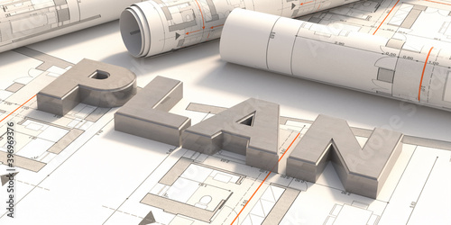 Fototapeta Naklejka Na Ścianę i Meble -  PLAN text on blueprint. Building construction, business planning concept. 3d illustration