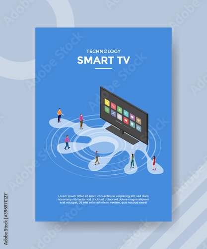 technology smart tv people standing front television for template flyer and print banner cover isometric 3d flat style